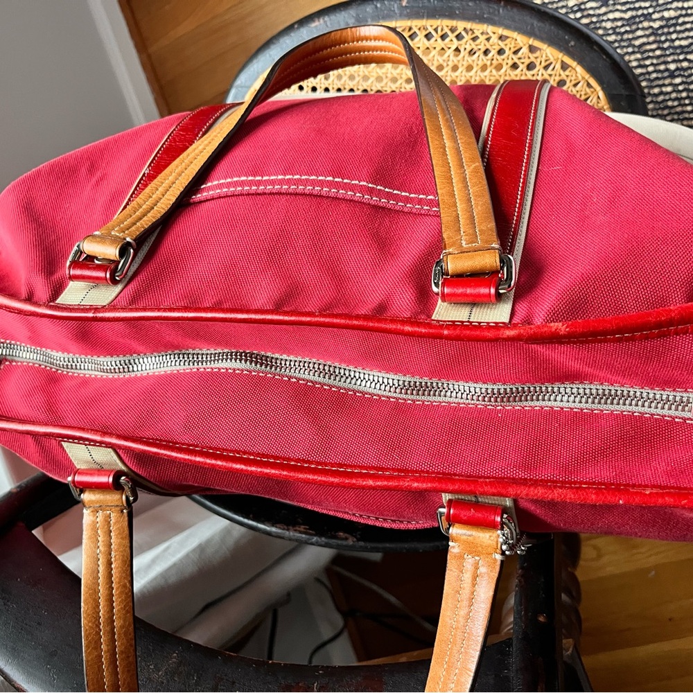 Rare Coach Red Canvas weekend Tote Bag with Tan Straps Leather accents - Picture 8 of 12